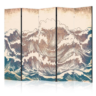 Paravento - Turbulent Ocean - High Waves in Brown And Navy Colors on a Beige Background in Vintage Style