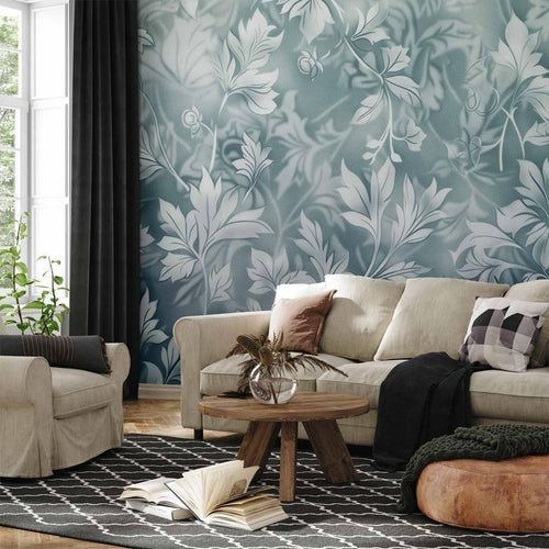 Carta da parati - Ornaments in Worn Muted Turquoises: Delicate Plant Pattern
