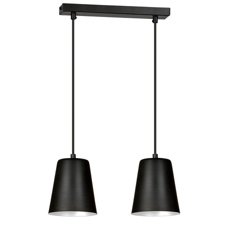 Lampadario 2 Luci Milargo In Acciaio Nero Con Paralumi A Cono In Nero E Bianco