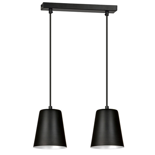 Lampadario 2 Luci Milargo In Acciaio Nero Con Paralumi A Cono In Nero E Bianco