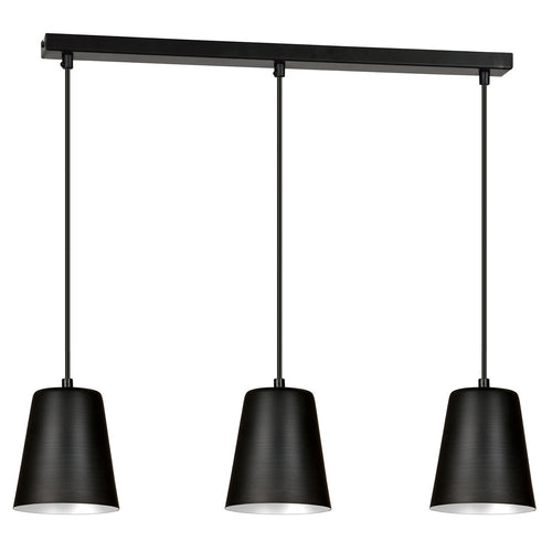 Lampadario 3 Luci Milargo In Acciaio Nero Con Paralumi A Cono In Nero E Bianco