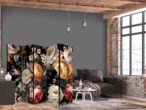 Paravento - Floristry in Vintage Style - a Plethora of Colorful Flowers on a Black Background
