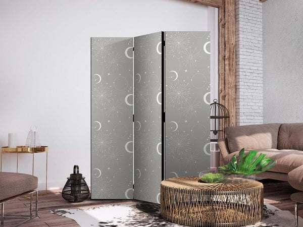 Paravento - Cosmic Fireworks - Elegant Pattern with Moons and Stars on a Gray Background