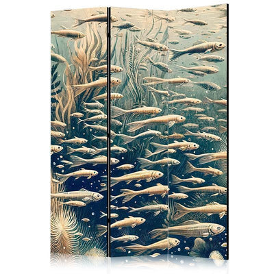 Paravento - Life in the Ocean - Underwater World of Fish and Vegetation in Beige and Navy Colors in Retro Style