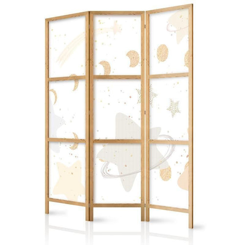 Paravento giapponese - Fairy-Tale Galaxy - Moon Phases in Shades of Yellow Among Stars in Beige and Ash Colors with Star
