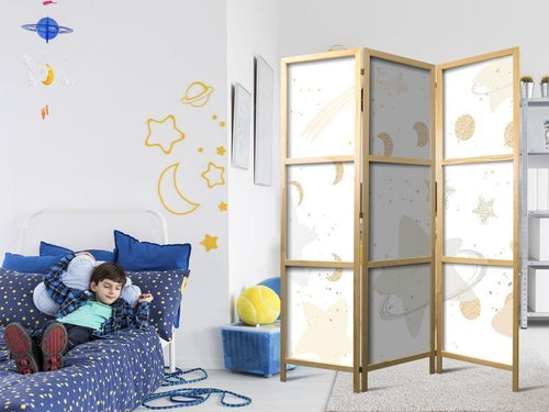 Paravento giapponese - Fairy-Tale Galaxy - Moon Phases in Shades of Yellow Among Stars in Beige and Ash Colors with Star