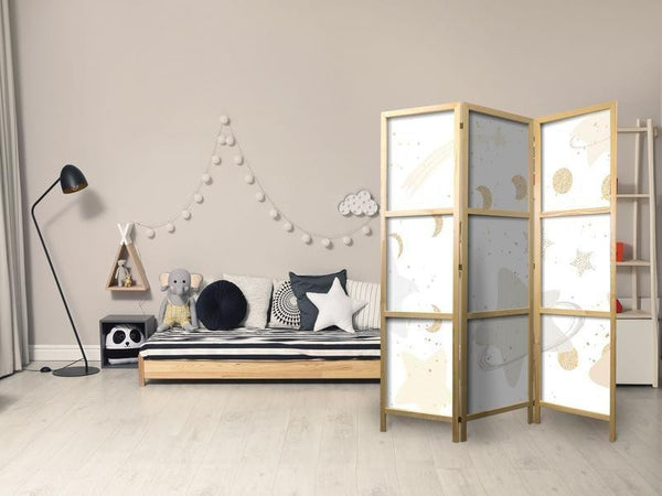Paravento giapponese - Fairy-Tale Galaxy - Moon Phases in Shades of Yellow Among Stars in Beige and Ash Colors with Star