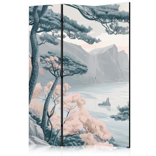 Paravento - Mountainous Coast with Trees and Rocks - in Light Pastel Blues