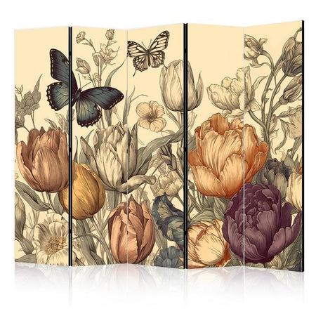 Paravento - Tulips in Cream - Illustration of Flowers and Butterflies on a Light Background