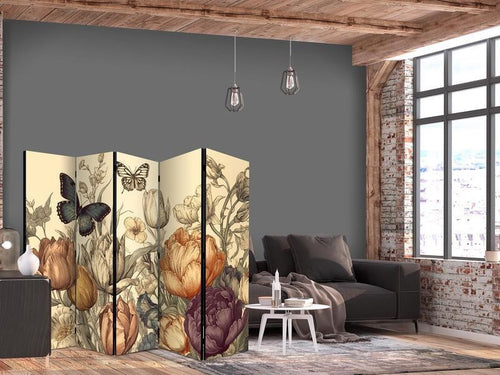 Paravento - Tulips in Cream - Illustration of Flowers and Butterflies on a Light Background
