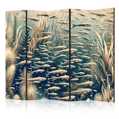 Paravento - Life in The Ocean - Underwater World of Fish And Vegetation in Beige And Navy Colors in Retro Style
