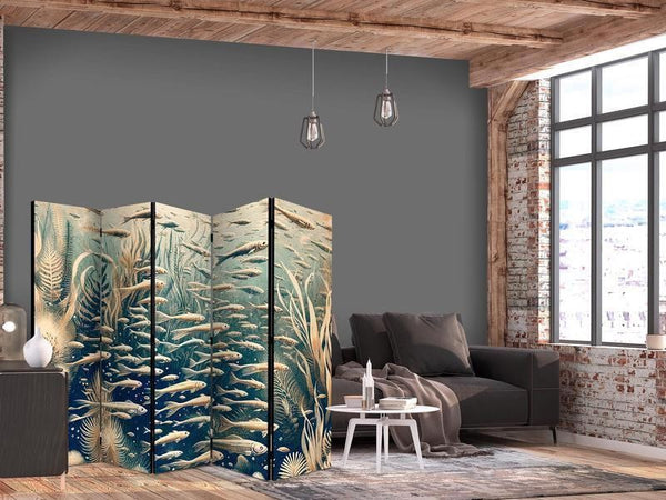 Paravento - Life in The Ocean - Underwater World of Fish And Vegetation in Beige And Navy Colors in Retro Style