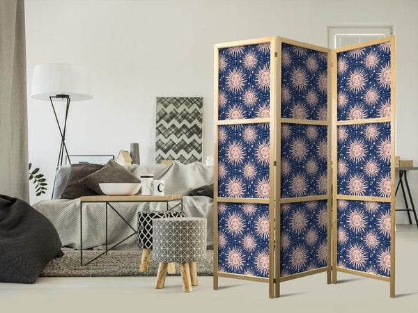 Paravento giapponese - Sunny Patterns - Repeating Sun Motif on a Navy Background