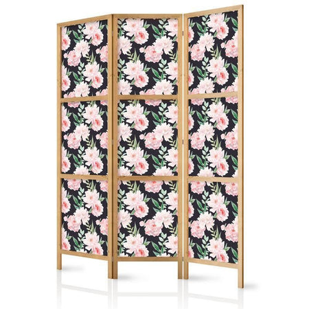 Paravento giapponese - Peonies - Pink Flowers and Green Leaves on a Graphite Background