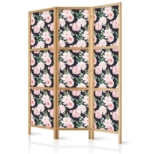 Paravento giapponese - Peonies - Pink Flowers and Green Leaves on a Graphite Background