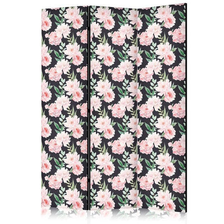 Paravento - Peonies - Pink Flowers and Green Leaves on a Graphite Background