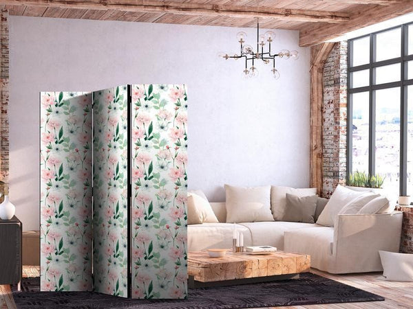Paravento - Peonies - Pink and White Flowers and Green Leaves on a White Background