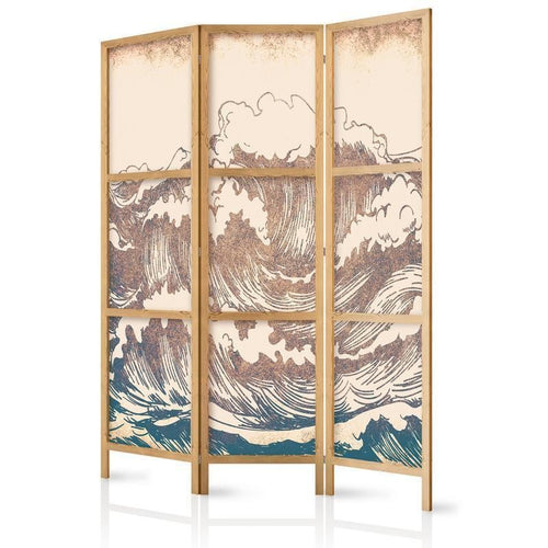 Paravento giapponese - Turbulent Ocean - High Waves in Brown and Navy on a Beige Background in Vintage Style