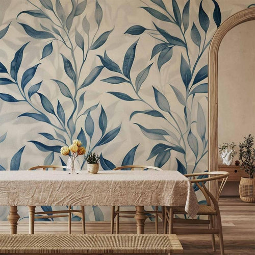 Carta da parati - Leaves in Blue Colors Delicate Botanical Motif