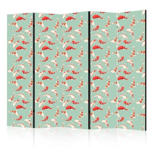 Paravento - Fish And Japanese Pattern - Koi Fish in Orange-Cream Colors on a Green-Mint Background With An Oriental Patt