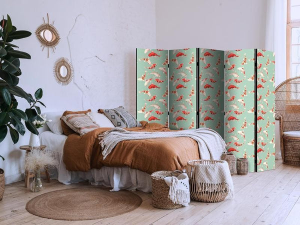 Paravento - Fish And Japanese Pattern - Koi Fish in Orange-Cream Colors on a Green-Mint Background With An Oriental Patt