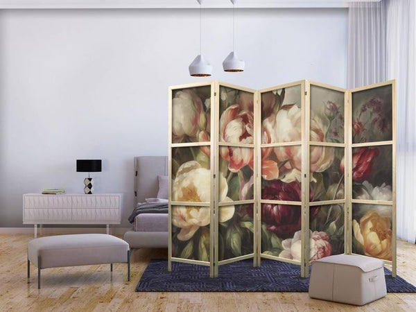 Paravento giapponese - Blooming Peonies - Charismatic Flowers Bathed in Sunlight