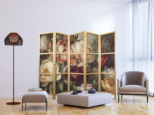 Paravento giapponese - Blooming Peonies - Charismatic Flowers Bathed in Sunlight