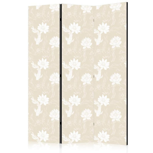 Paravento - Fish and Water Lilies - Bright Oriental Fish Swimming Among Water Flowers on a Delicate Sand-Beige Backgroun