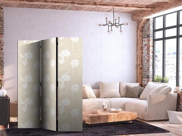 Paravento - Fish and Water Lilies - Bright Oriental Fish Swimming Among Water Flowers on a Delicate Sand-Beige Backgroun