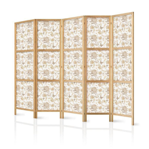 Paravento giapponese - Beige Shades of Nature - Flowers and Butterflies on a White Background - Illustration