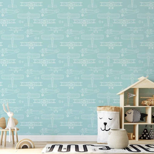 Tappezzeria murale - Sketch - Outline of an airplane in white on a turquoise background