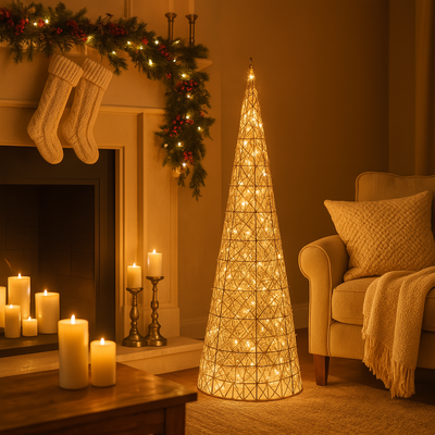 Albero decorativo cono con luci Led champagne per decorazione natalizia