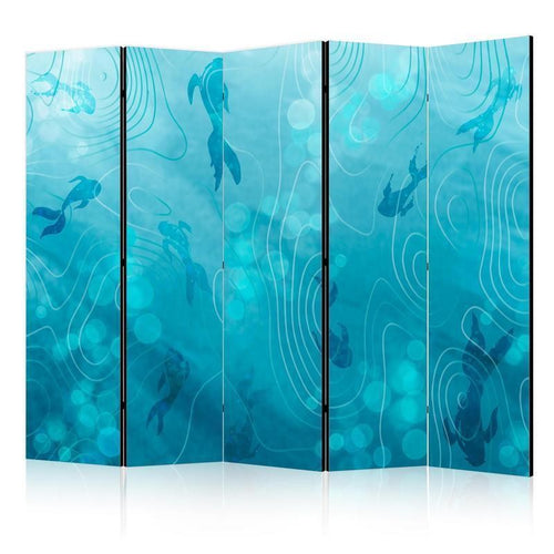 Paravento - Koi Fish Beneath the Water Surface - A Cluster of Japanese Fish in the Depths of the Pond in Shades of Navy