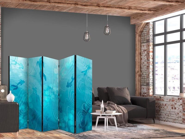 Paravento - Koi Fish Beneath the Water Surface - A Cluster of Japanese Fish in the Depths of the Pond in Shades of Navy