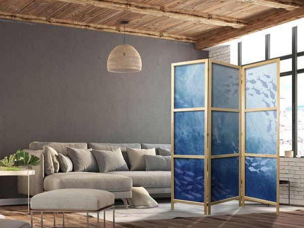 Paravento giapponese Banchi di pesci blu 3 ante