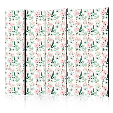 Paravento - Peonies - Pink and White Flowers and Green Leaves on a White Background