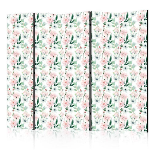 Paravento - Peonies - Pink and White Flowers and Green Leaves on a White Background