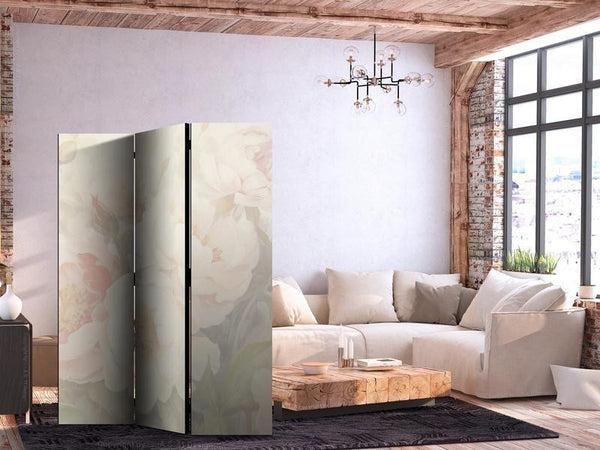 Paravento - Blooming Peonies - Bright Large Flowers Enveloped in White Mist