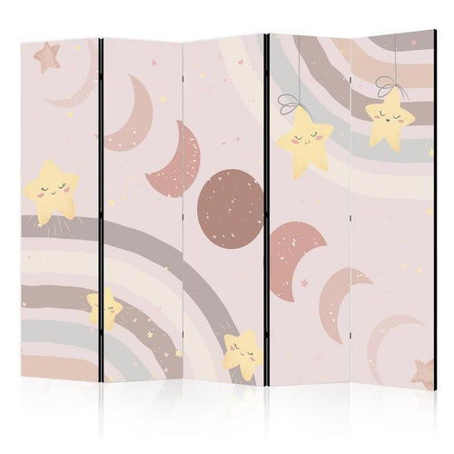 Paravento - Joyful Sky - Yellow Cheerful Stars with a Rainbow Against the Phases of the Moon - in the Sky Colored Light