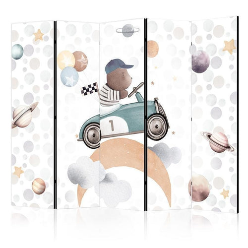 Paravento - Galactic Races - Bear Participating in Car Races Among Planets - Clouds - and Stars in Pastel Hues