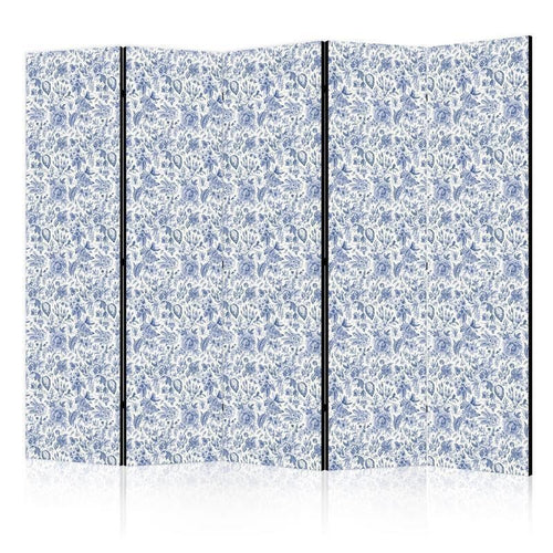 Paravento - Illustration in Vintage Style - Blue Flowers on a White Background