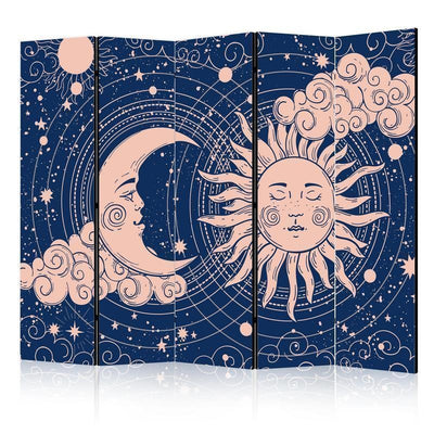 Paravento - Cosmic Harmony - Illustration of the Sun and Moon on a Navy Background