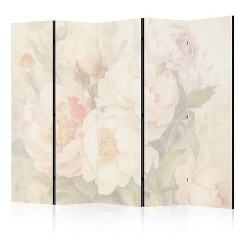 Paravento - Blooming Peonies - Bright Large Flowers Enveloped in White Mist