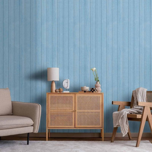Tappezzeria murale - Blue Panels - Wooden planks in a pastel blue shade