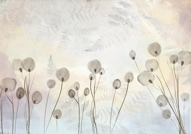 Carta da parati - Minimalist meadow - floral motif in light shades with reflections
