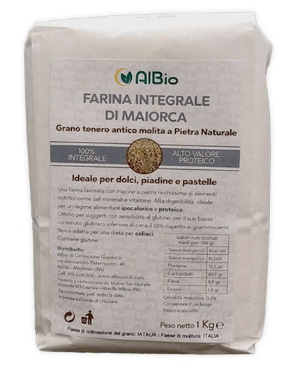 Farina integrale di Maiorca per dolci grano Siciliano da Molitura a pietra alta digeribilità basso indice glicemico 1Kg