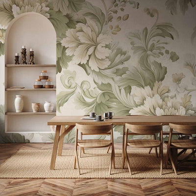 Carta da parati - Retro Vintage Flowers in Delicate Cream and Green Colors