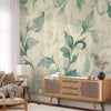 Carta da parati - Watercolor Botanical Motif Delicate Green-Beige Leaves