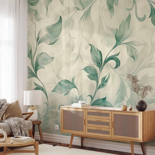 Carta da parati - Watercolor Botanical Motif Delicate Green-Beige Leaves