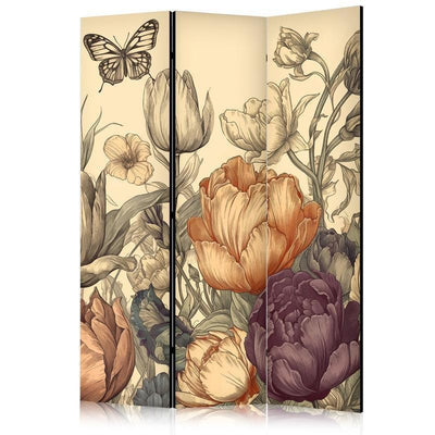 Paravento - Tulips in Cream - Illustration of Flowers and Butterflies on a Light Background